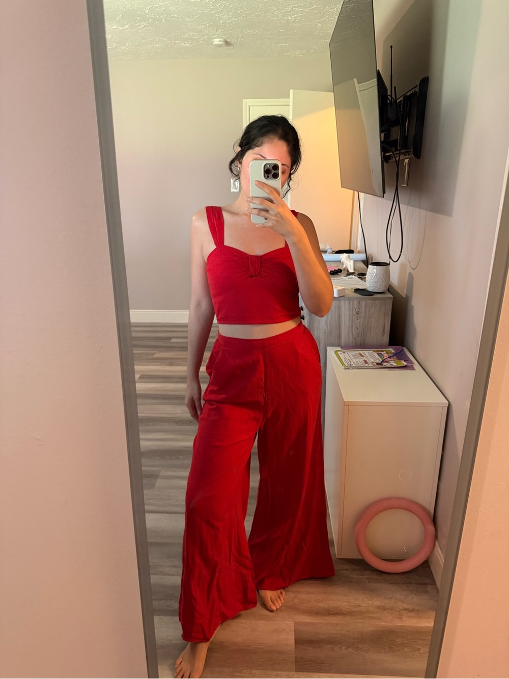 Red Wide-Leg Two-Piece Set with Cropped Tank